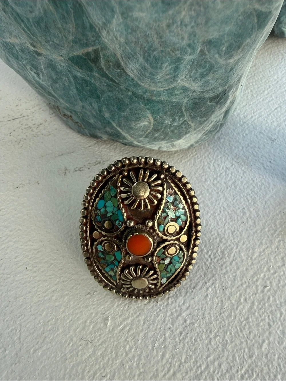 Boho Turquoise & Orange Statement Ring for Women